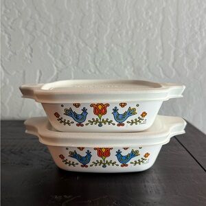 Vintage CorningWare Country Festival (Bluebirds) Petite Pans with Plastic Lids 💙